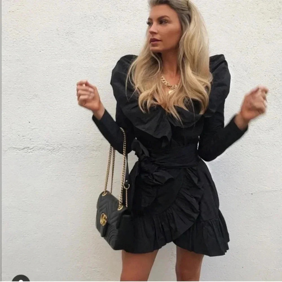 SANDRA MANSOUR X H&M Black Mini Ruffled Wrap Taffeta Dress Long Sleeve XXL - Picture 3 of 14